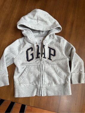 GAP Light Gray Kids Hooded Zip-Up Sweatshirt with Navy Lettering